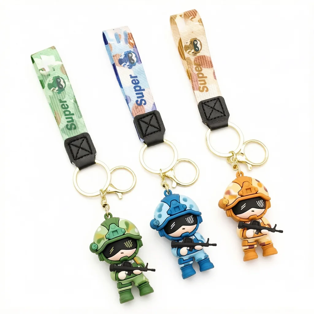 Cool Camo Special Forces Cartoon Pendant Tactical Action Figure Keyring with Lanyard Trendy Mini Soldier Dolls Keychains