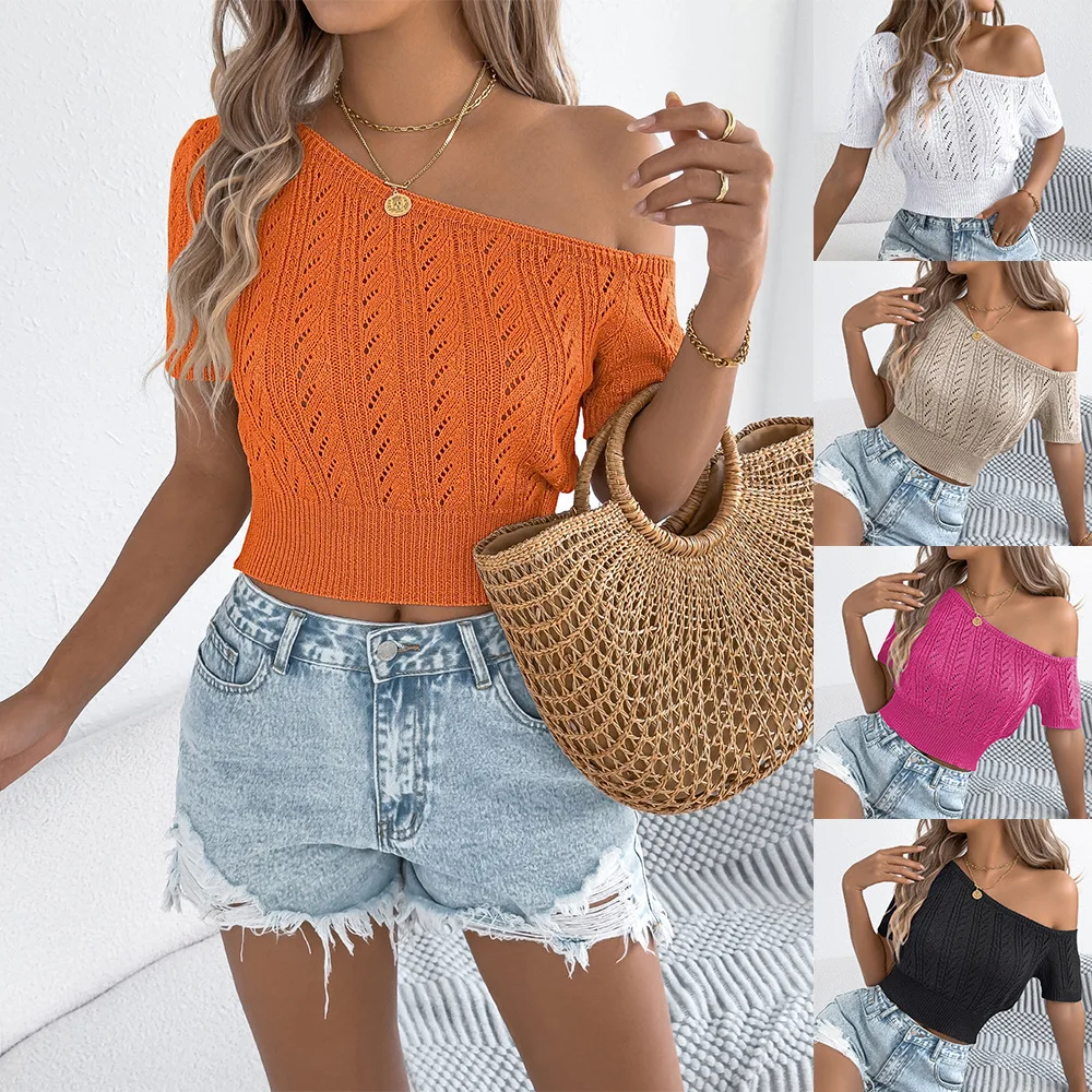 

Women's Spring/Summer Casual Open-Shoulder Hollow-Out Twist Short-Sleeved Sweater Vacation Top Fashion