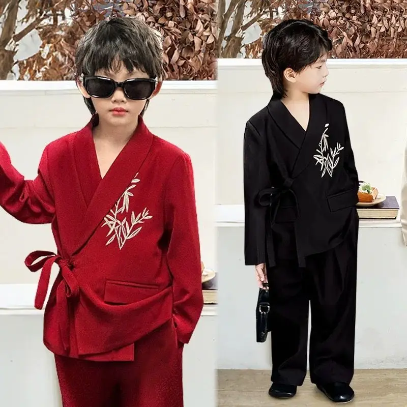 Spring/Autumn New Chinese Boys' Hanfu Ancient Blazer Suit Set Embroidered Children's Coat Pants Tang Costume Performance LI773