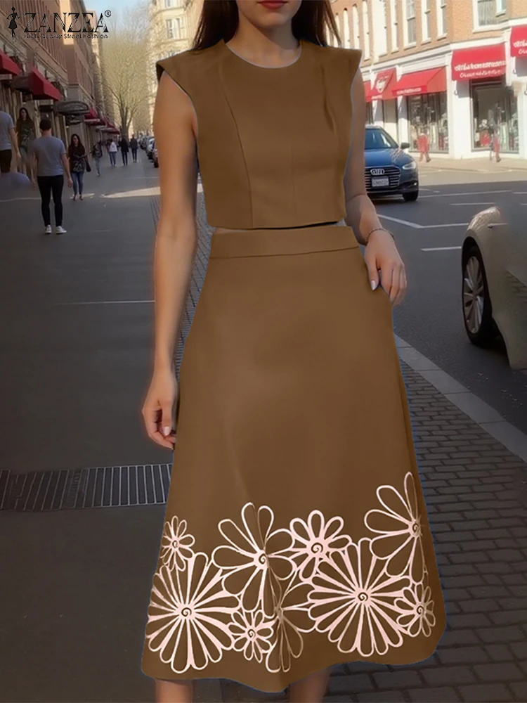 

ZANZEA Women Outfits 2PCS Work Suits Summer Sleevless Tank Tops A-Line Midi Skirts 2025 Fashion Party Vintage Printed Dress Sets