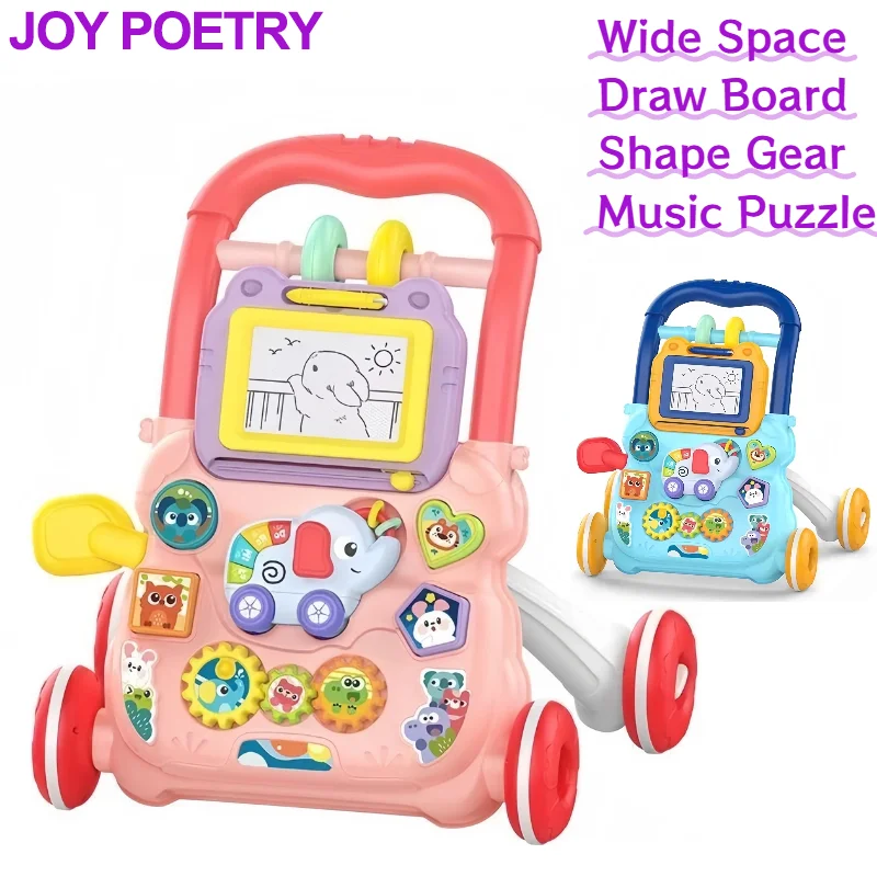 Wide Space Baby Cartoon Push Walker Toys with Music Drawing Board Multifunction Activity Learning Walk Toddler Walker