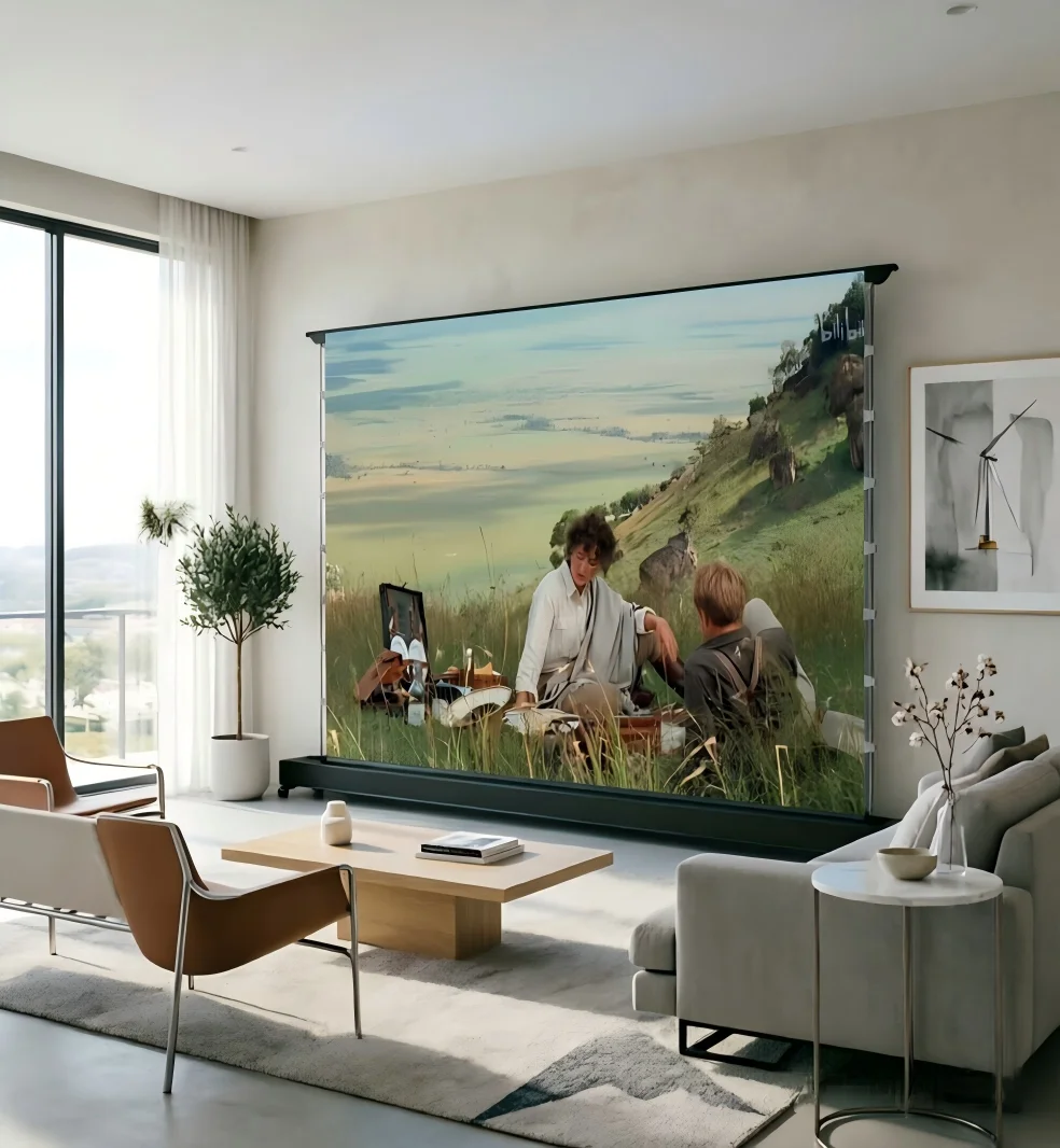 100 Inch 16:9 No Drilling Auto Retractable Floor Screen High Gain Metal Movable Indoor Presentation Projector Screens