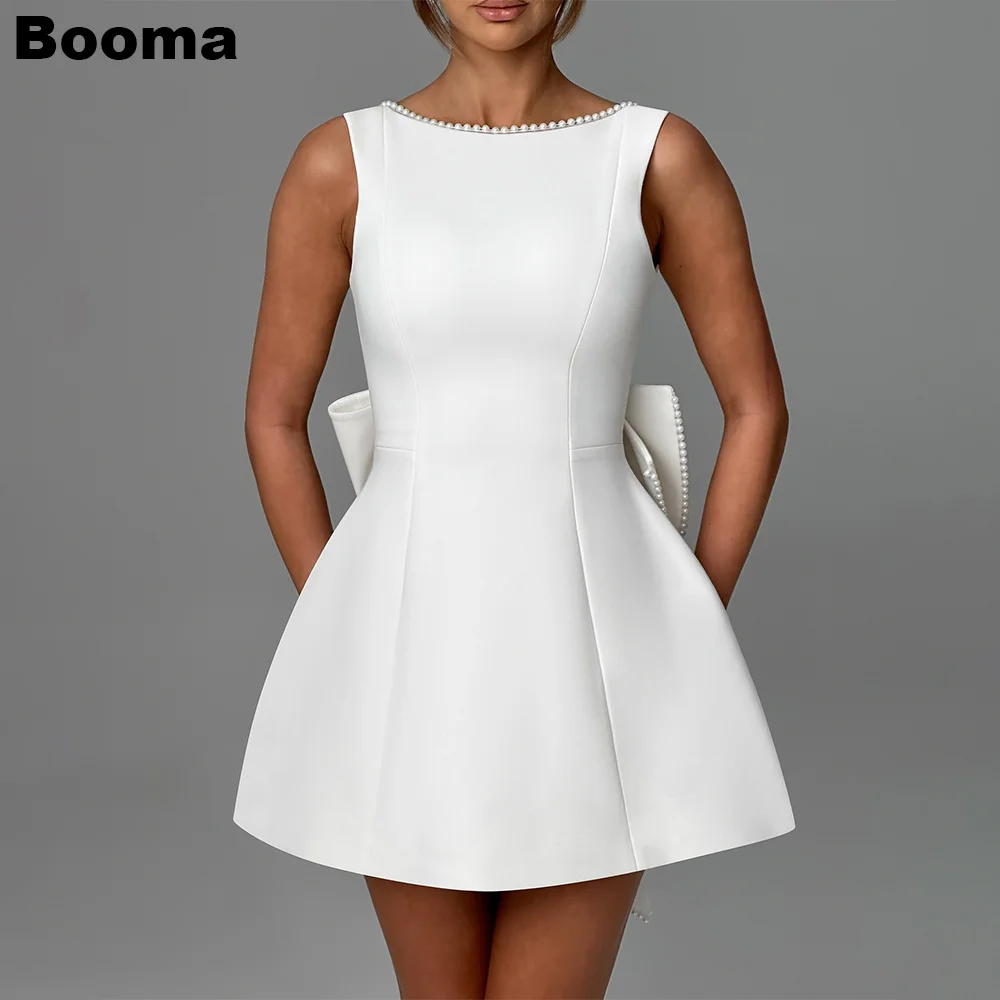 

Booma Simple Short Wedding Party Dresses O Neck Sleeveless Pearls Brides Party Gowns for Women Big Bow Cocktail Dress Prom Gown