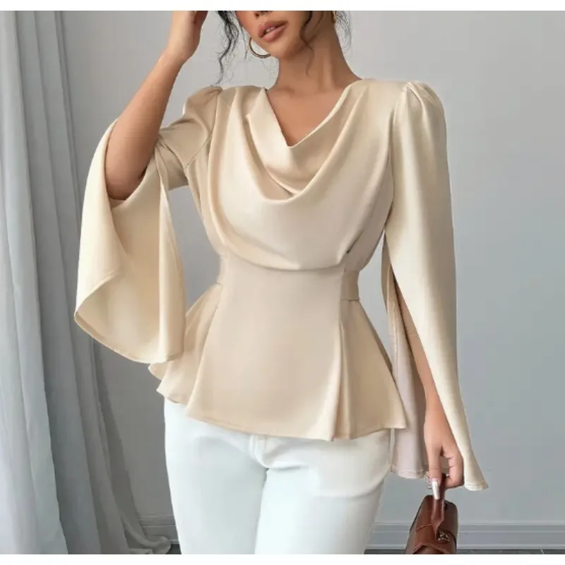 

Осень 2200, однотонная лоскутная тонкая элегантная рубашка, женская плиссированная рубашка с длинным рукавом и разрезом, повседневная лаконичная универсальная офисная женская одежда