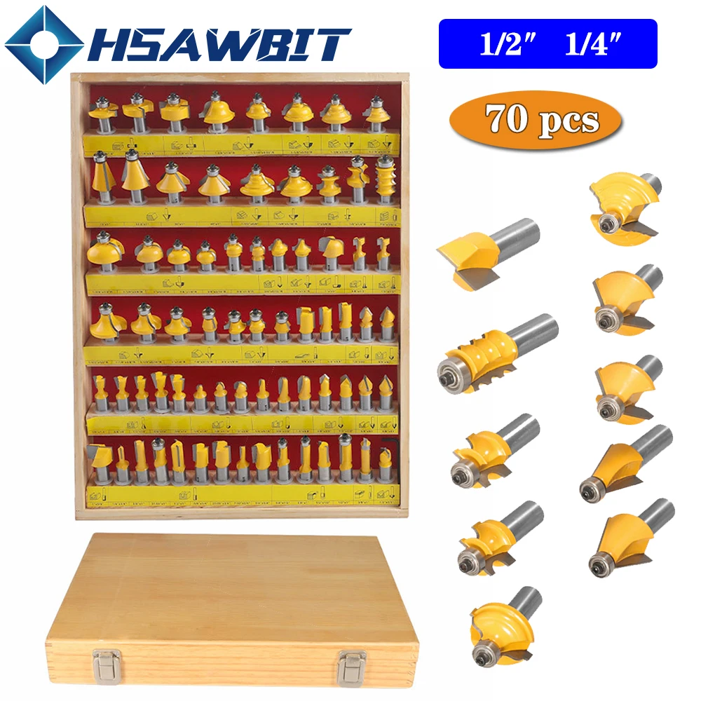 70 pcs/set 1/2 1/4 Shank DIY Woodworking Drill Bit Set Mills for Wood Flush Straight Chamfer Trimming Carving Tools wooden box