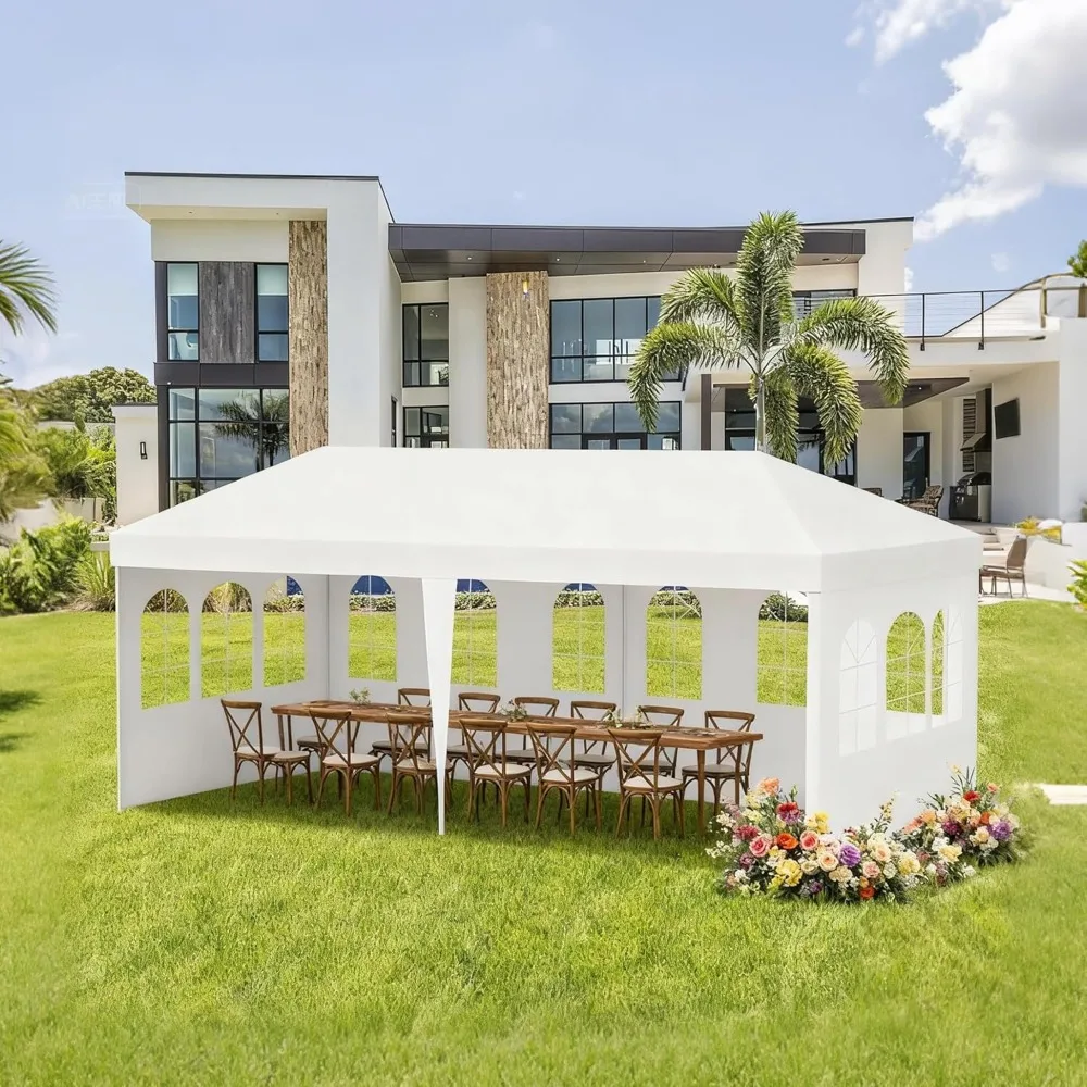 

10' x 20' White Gazebo Canopy Tent with 4 Removable Sidewalls, Outdoor Shade Shelter with Transparent Windows for Party, Wedding