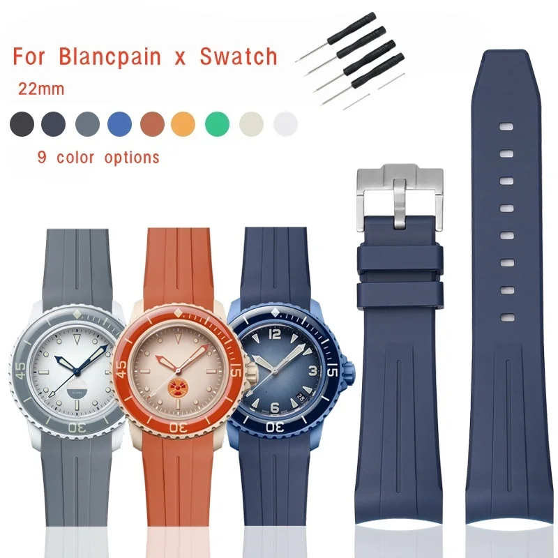 22mm Curved End TPU Rubber Silicone Watch Band For Swatch X Blancpain Fifty Fathoms Five Ocean Waterproof Watch Strap With tools