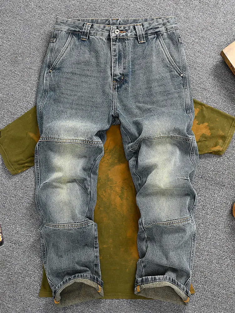High Street Vintage Distressed Denim Jeans Men American Style Fashion Loose Straight Wide Leg Casual Versatile Long Pants