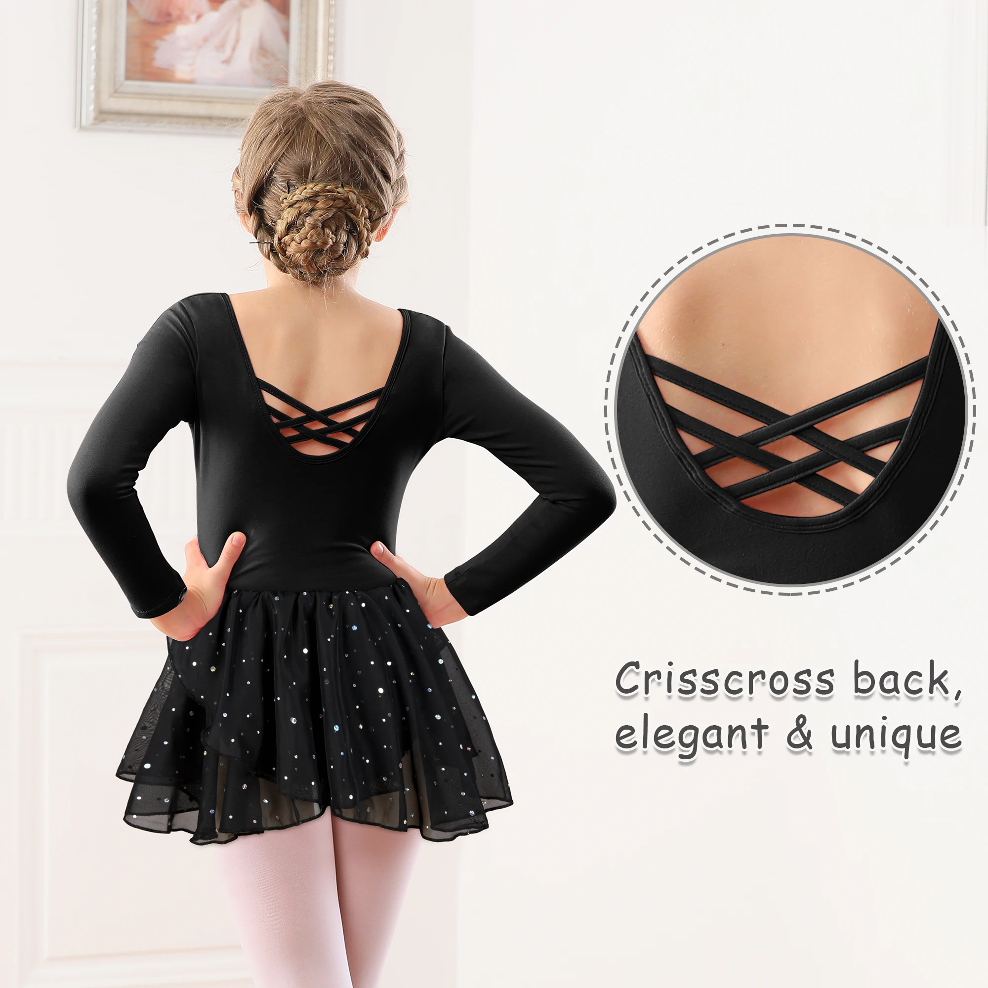 Girls Ballet Leotards for Dance Camisole Dress Hollow Crisscross Back,Shiny Skirt