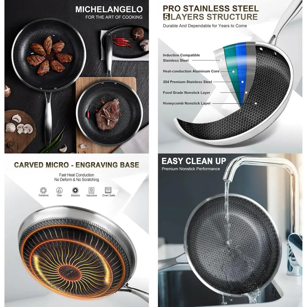 

Nonstick Stainless Steel Frying Pans Set with Lid, 10 & 12 Inch Pans, Eyecomb Coating, Large Skillet, Induction Compatible