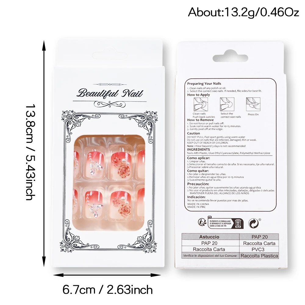 24 قطعة أظافر صناعية مربعة قصيرة متدرجة حمراء مع أحجار الراين على شكل فراشة ثلاثية الأبعاد اضغط على أطراف أصابع كاذبة لعيد الحب TD