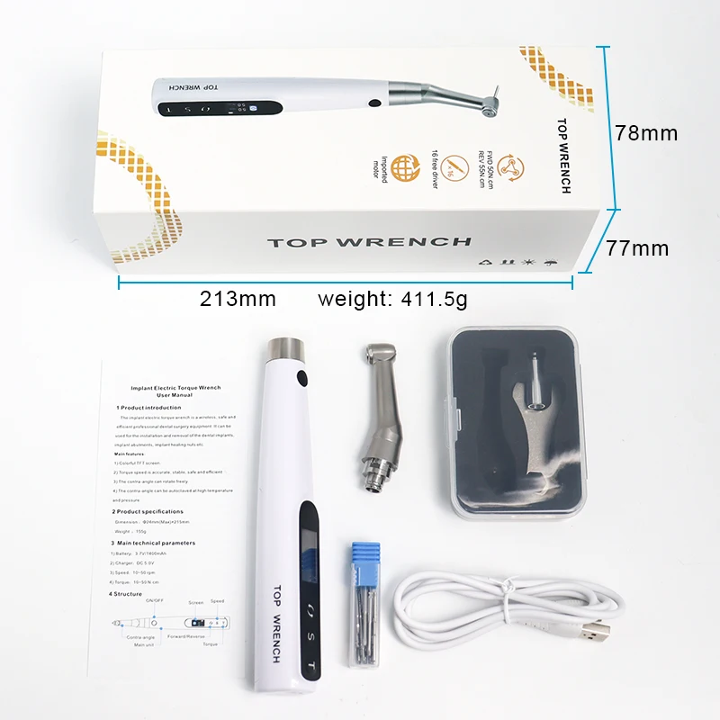 Dental Implant Motor Electric Wireless Torque Driver Implant Torque Wrench with 16pcs Screwdrivers Contra Angle Motor view 6