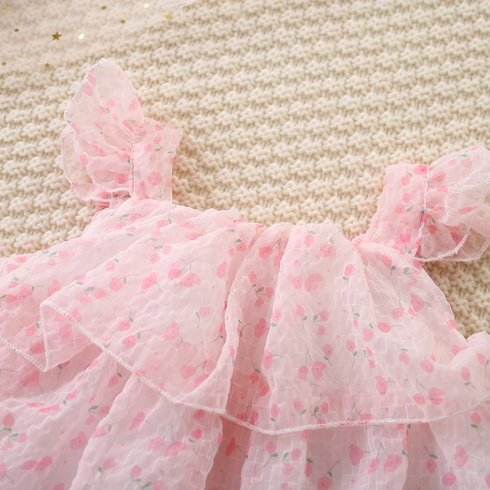 Summer New Girl Baby Dress Solid Color Flower Mesh Light and Thin Small Flying Sleeves Sweet Princess Dress