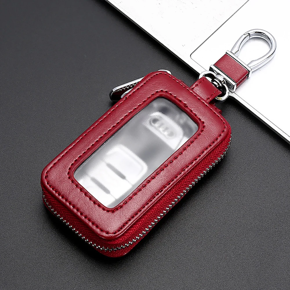 1Pc Visual Mirror Window Car Key Protector Bag Leather Key Holder Mini Auto Key Pocket Case Retro Keyring Wallet Zipper Bag