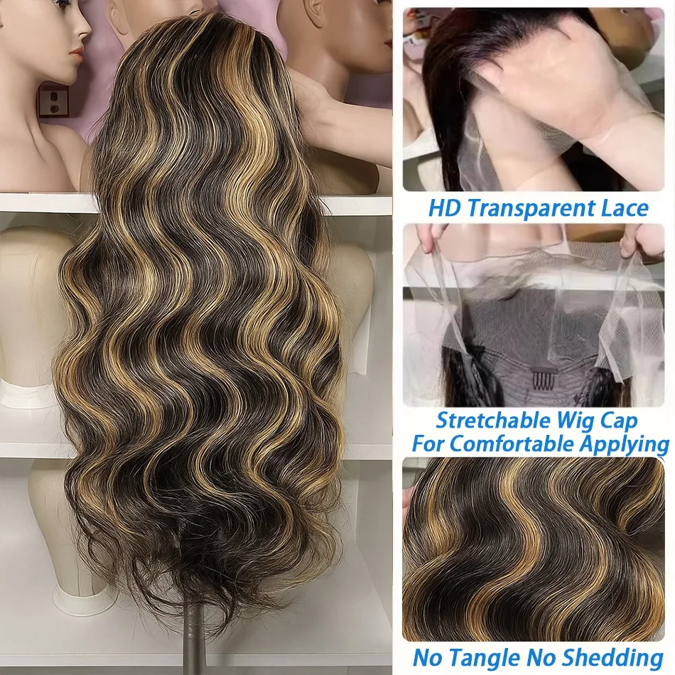 30 بوصة الجسم موجة تسليط الضوء على شعر مستعار 4/27 أومبير البرازيلي الشعر البشري 13x4 HD الدانتيل الجبهة 200 الكثافة شعري طبيعي قبل قطعها الباروكات