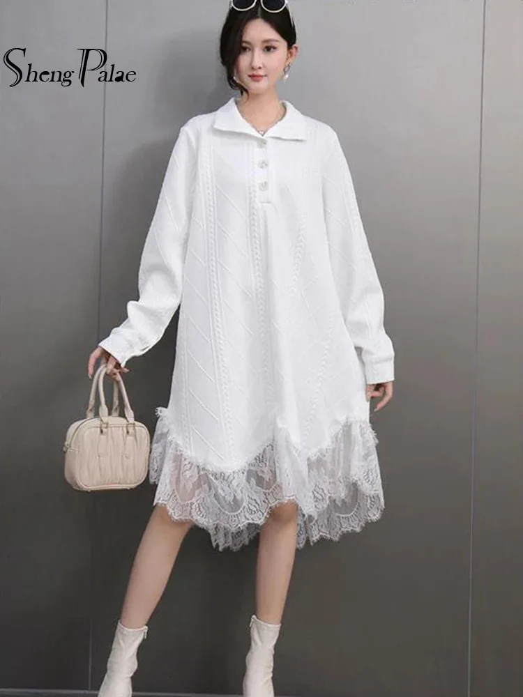 SHANGPALAE Elegant Knitted Design Dress Turn-down Collar Single Breasted Long Sleeves Spliced Lace Dresses 2025 Spring 5G539