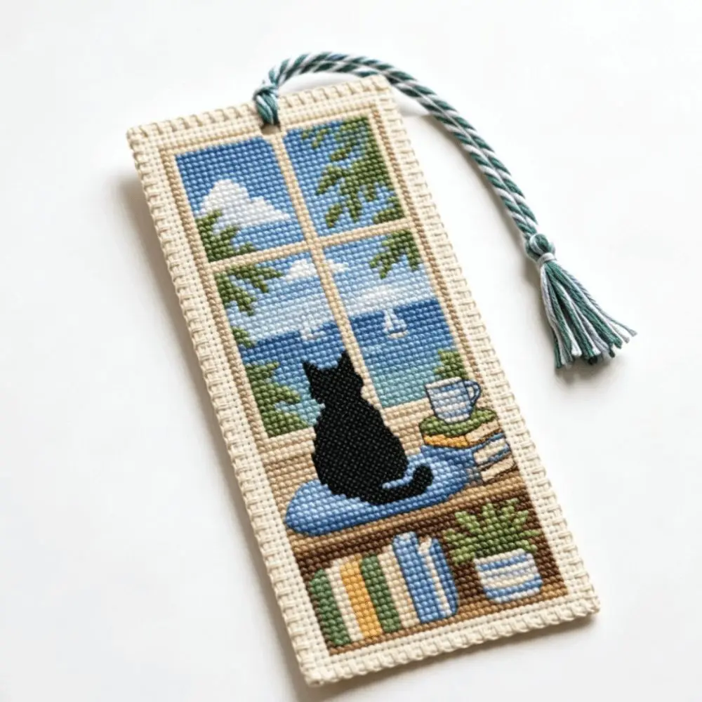 Cross Embroidery Seasonal Cat Embroidery Bookmark Handcrafted Braided Rope Seasonal Cat Bookmark Material Kit Cat Pattern