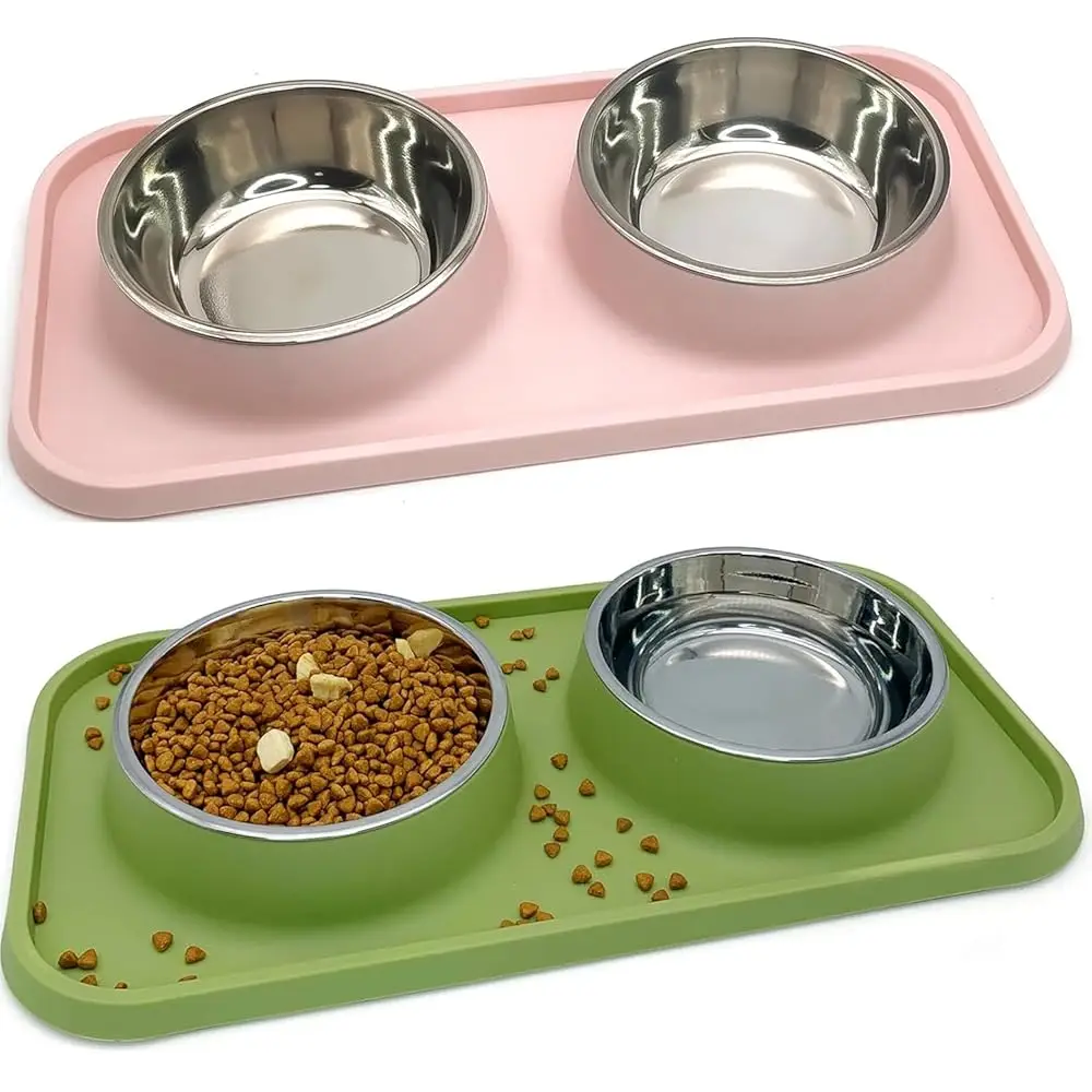 

Набор из 2 двойных мисок для собак из нержавеющей стали, маленькие миски для еды и воды для собак с нескользящим пластиковым ковриком, миска-кормушка для кошек и собак
