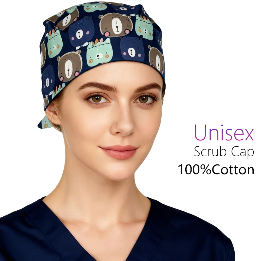 الكرتون الدب المطبوعة قبعة جراحية للنساء الرجال القطن ممرضة قبعة غرفة العمليات الأسنان قبعة التخدير جراحة العظام الصيدلة قبعات