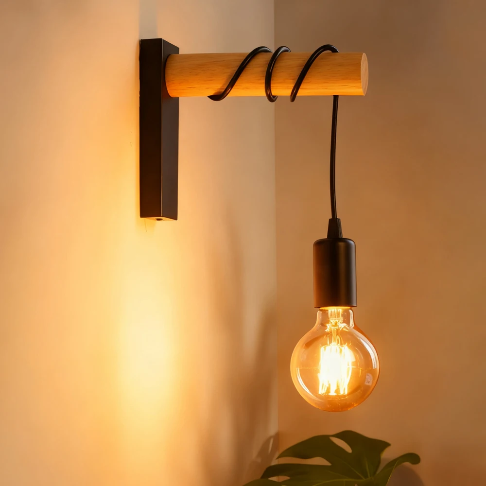 خمر الرجعية الخشب الجدار مصباح الشمعدان أضواء الجدار تركيبات E27 داخلي ديكور المنزل غرفة الطعام أباجورة غرفة نوم السرير الإضاءة