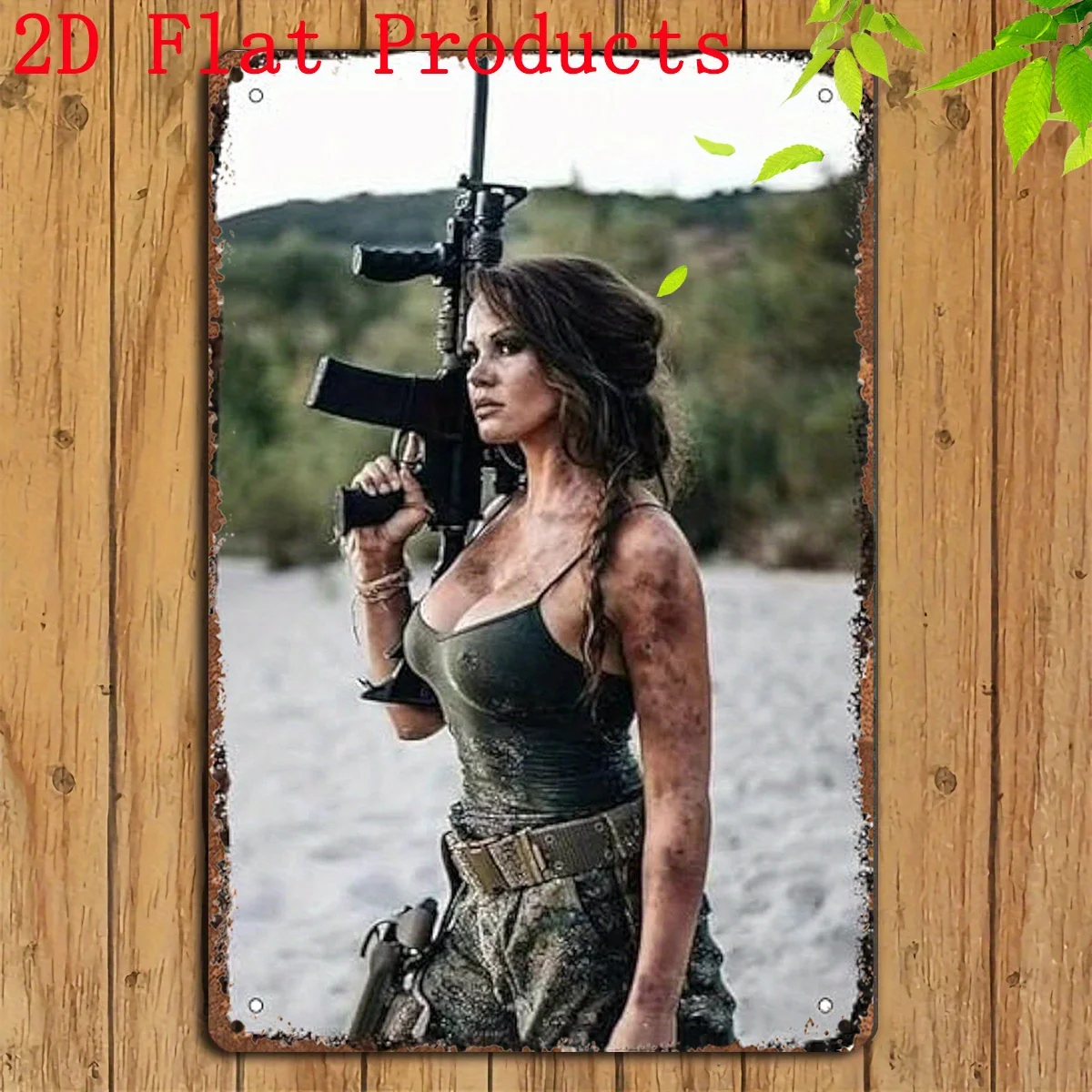 Vintage Military-Themed Metal Tin Sign - , Rustic Wall Art with Pin-Up Girl Holding Guns, for Home, for Man Cave, Bedroom, Bar