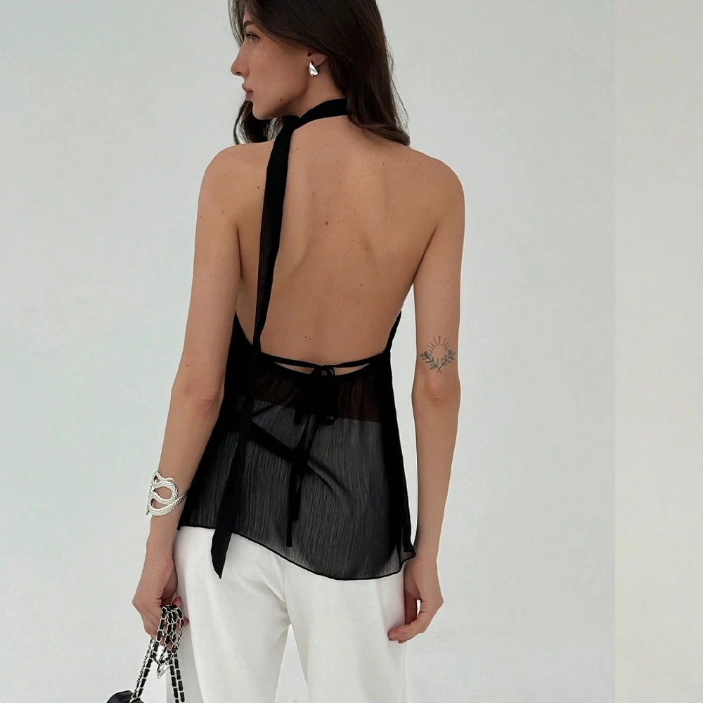 Summer Women's Scarf Vest Women's Elegant Sleeveless Shirt Sexy Lace Up Backless Transparent Open Top Elegant Vest 2026 New Item