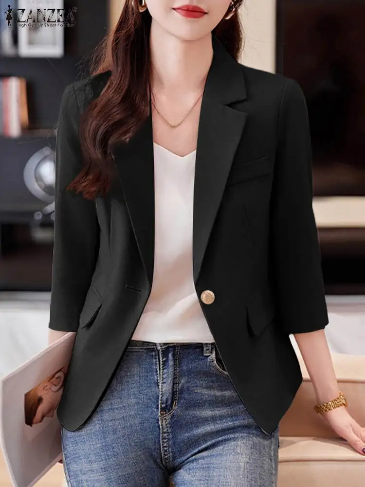 ZANZEA Elegant Lapel Neck 3/4 Sleeve Officewear Coats Jackets Thin Autumn Women Blazer Stylish OL Work Suits Female Outwears