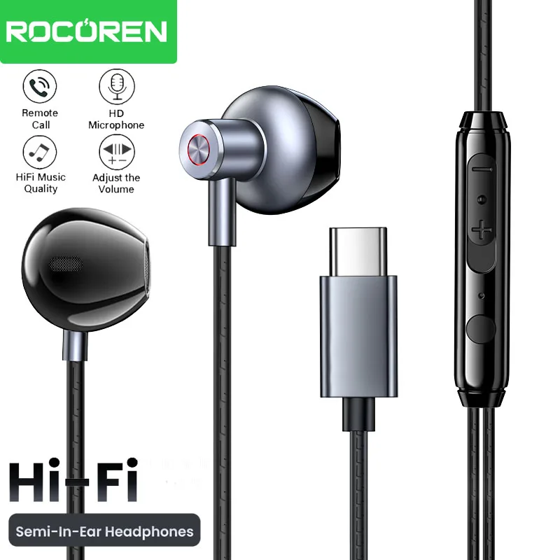 

Rocoren USB Type C Wired Earphones In Ear With Microphone Stereo Earbuds Sports In-line Control For Xiaomi Samsung Wired Headset