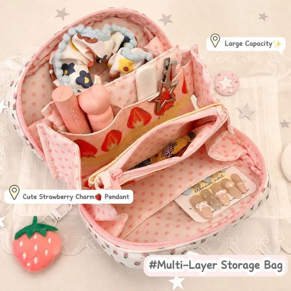 Portable Strawberry Print Makeup Bag Multi-layer Compartment Large Capacity Cosmetic Pouch Toiletry Bag Travel