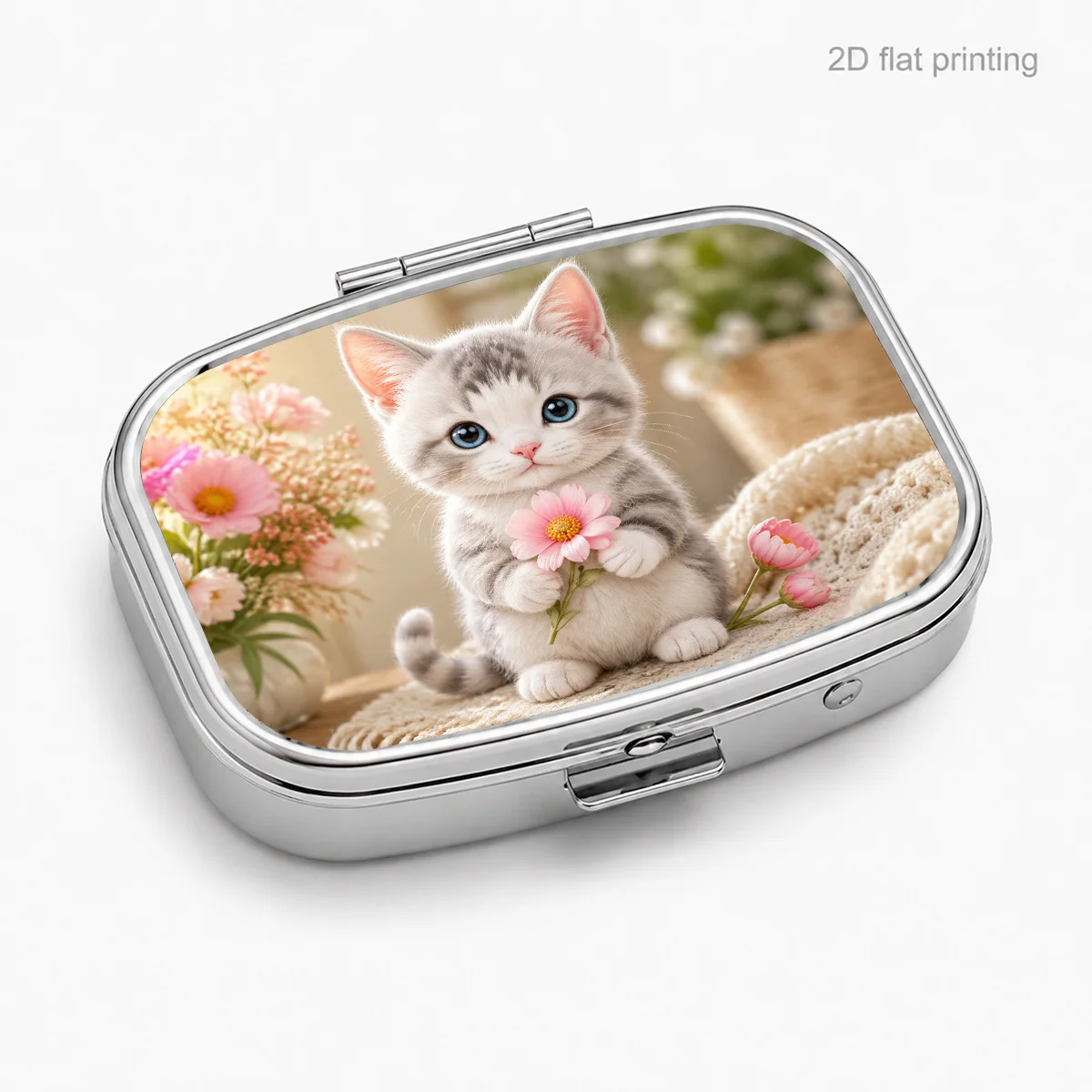 Single piece, gray-white cat holding a pink daisy pattern embroidered box, suitable for carrying small jewelry and vitamin storage, for daily carrying and storing small items, storing medication, flat print