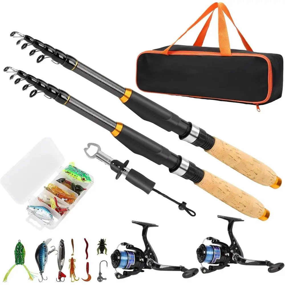 

2-Piece Telescopic Fishing Pole Combo with Spinning Reel, Lures, Lip Gripper, and Tackle Bag - Ideal for Saltwater and Freshwate