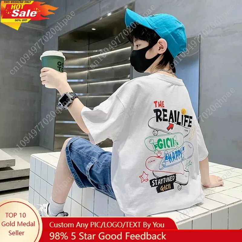 

Summer Kids Clothes Streetwear Fashion English Skateboard Print T Shirt 100%Cotton Tops Tees Children Short Sleeve Boys Clothes