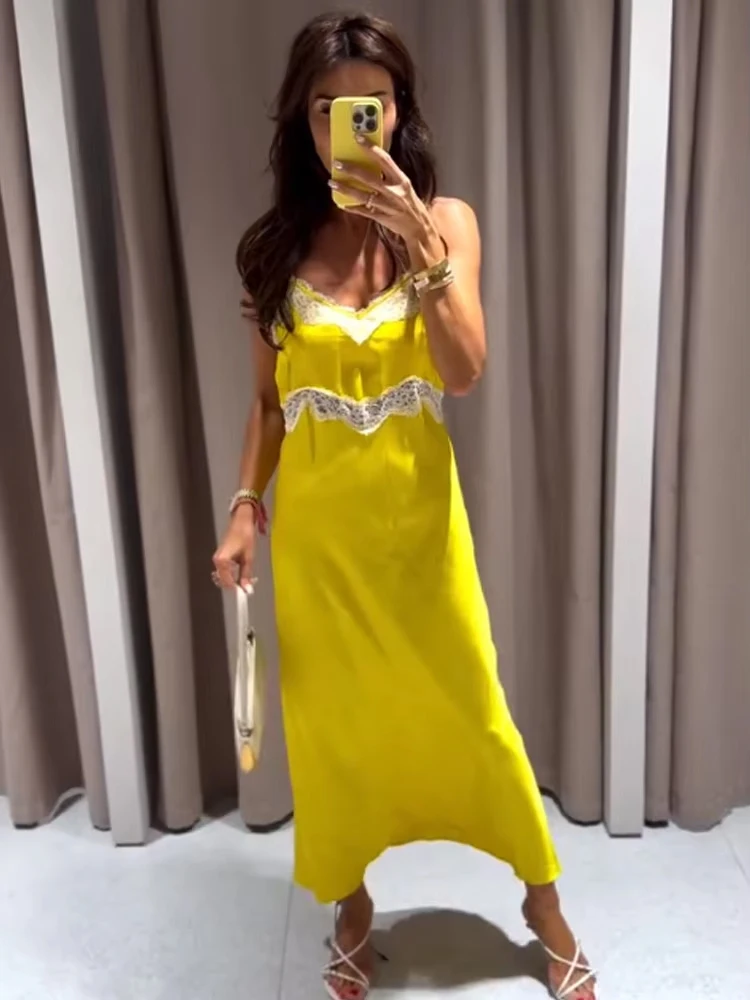 

HH Woman Elegant V-Neck Sexy High Street Slim Party Sleeveless Dress Elegant Female Lace Splicing Decoration Sling Dress