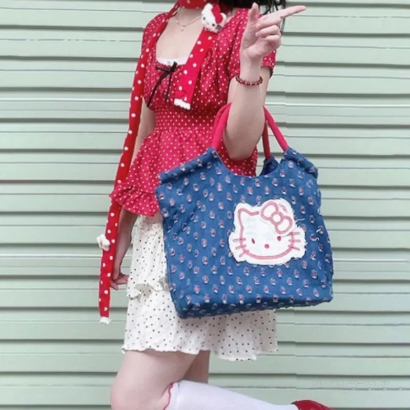 Sanrio Hello Kitty dżinsowe torebki damskie 2024 nowy koreański styl modna torba na ramię Y2k kobiety kreskówki Vintage Trend torby na ramię