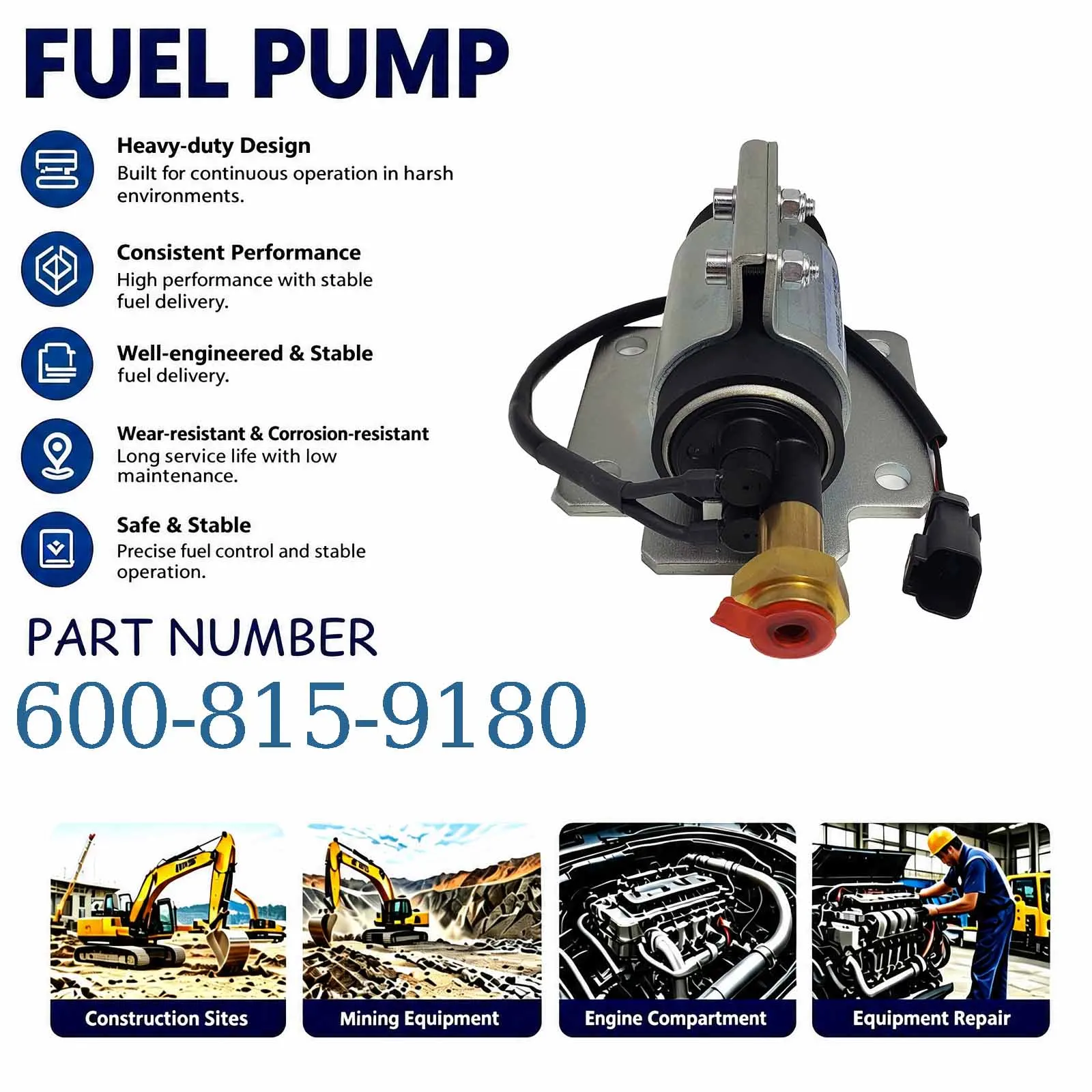 Fuel Pump 600-815-9180 Compatible for Komatsu Engine SAA6D125E SAA6D140E Excavator PC490 Wheel Loader WA470 WA500