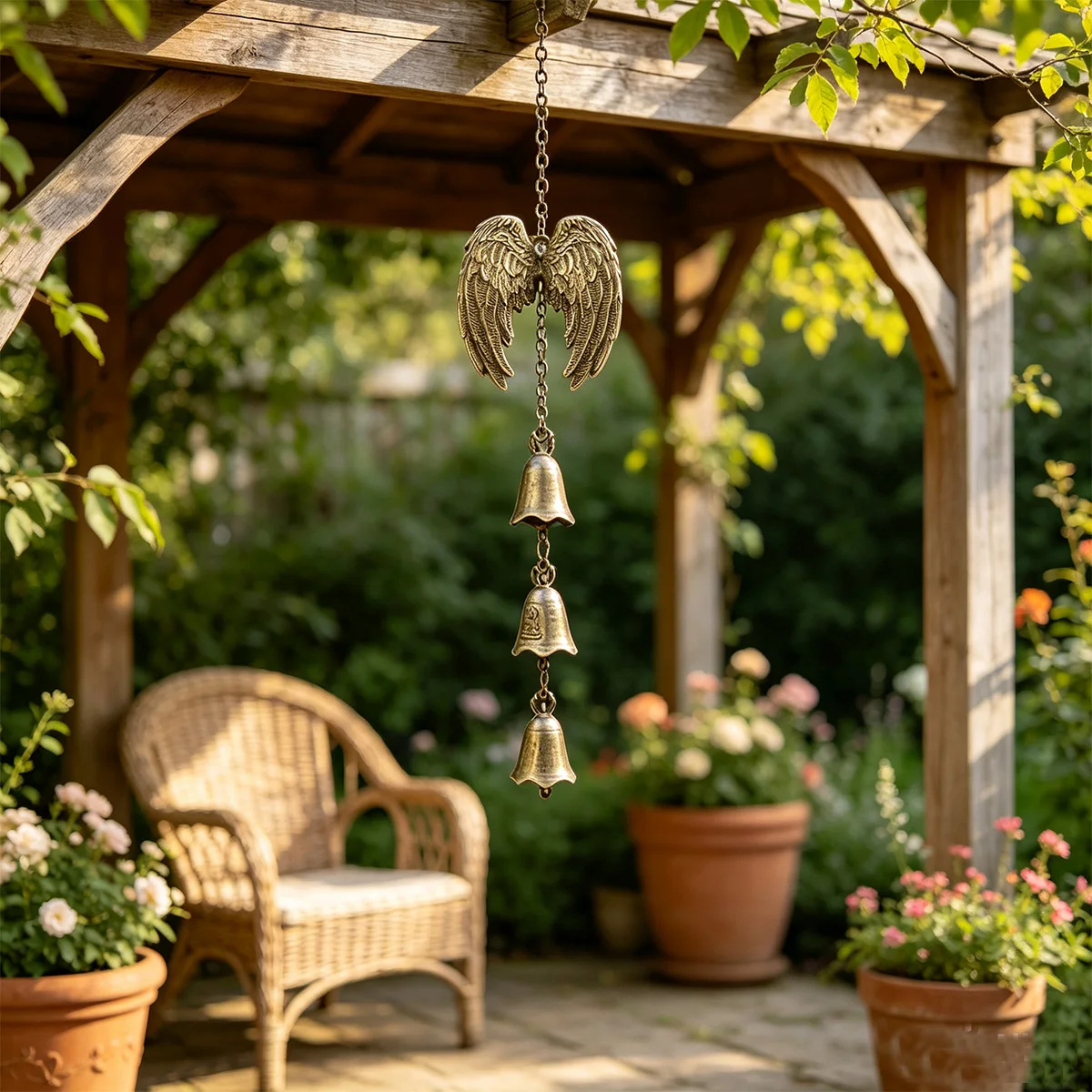 1 piece of metal bell, angel wings wind chime hanging decoration, outdoor garden courtyard decoration, bell pendant, hanging metal wind chime for windows/doors/corridors/roof eaves for blessing, holiday gift/ambient ga