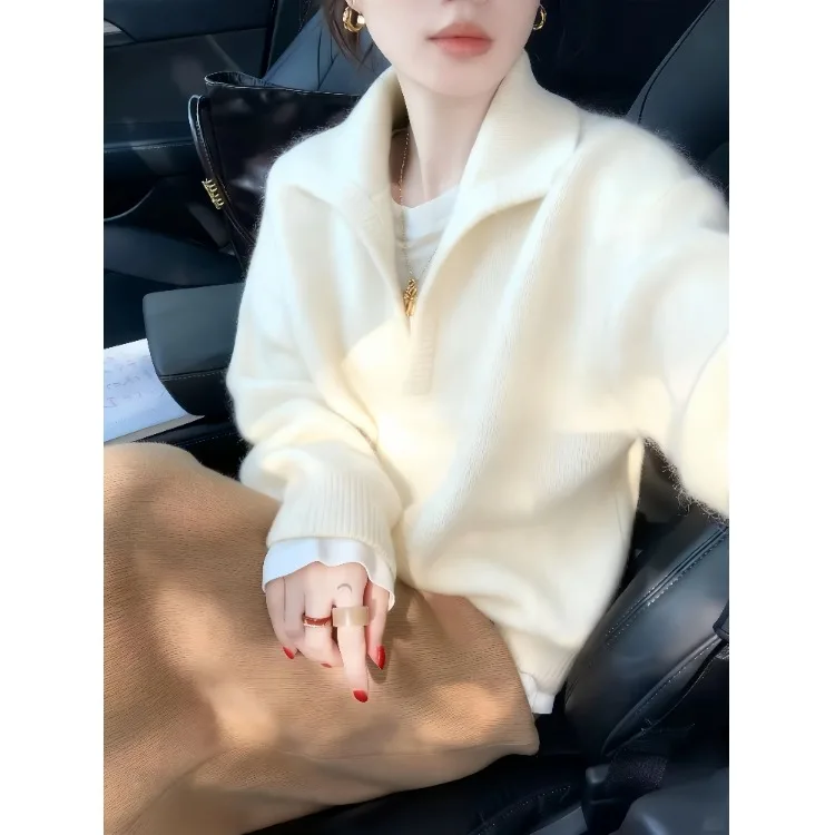 سترة نسائية محبوكة من Thiened بياقة واقفة كسول ملابس خارجية شتوية أنيقة ناعمة طويلة Sve لون عادي مناسب #2