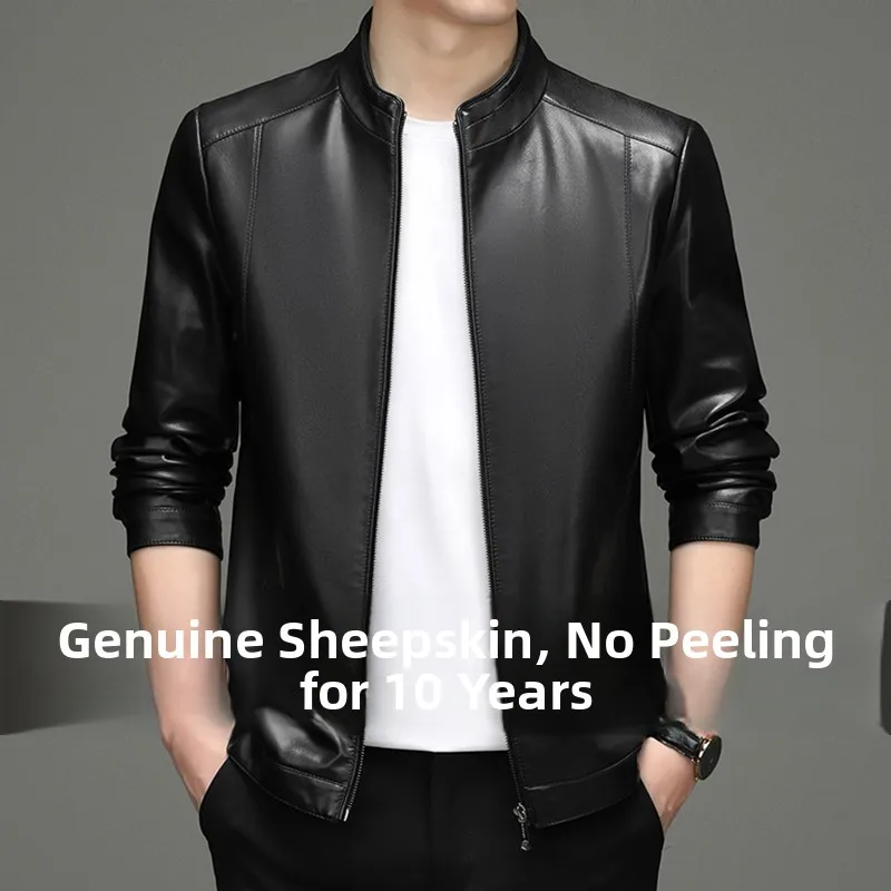 

Haining Genuine eepskin Leather Jaet Men's Fce Lined Casual Biker Coat ort Sle Autumn Winter Faion for Middle-Ag...