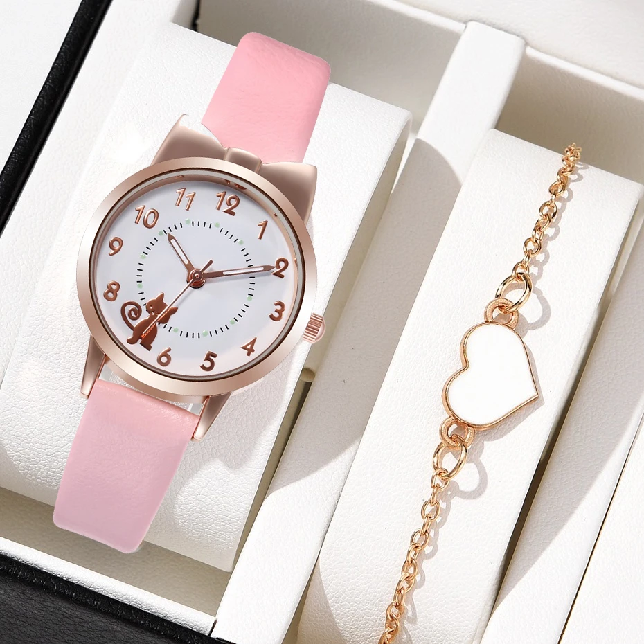 Fashion Women\'s Quartz Watch PU Leather Strap Student Cute Cartoon Girl WatchesJewlery Set NO BOX