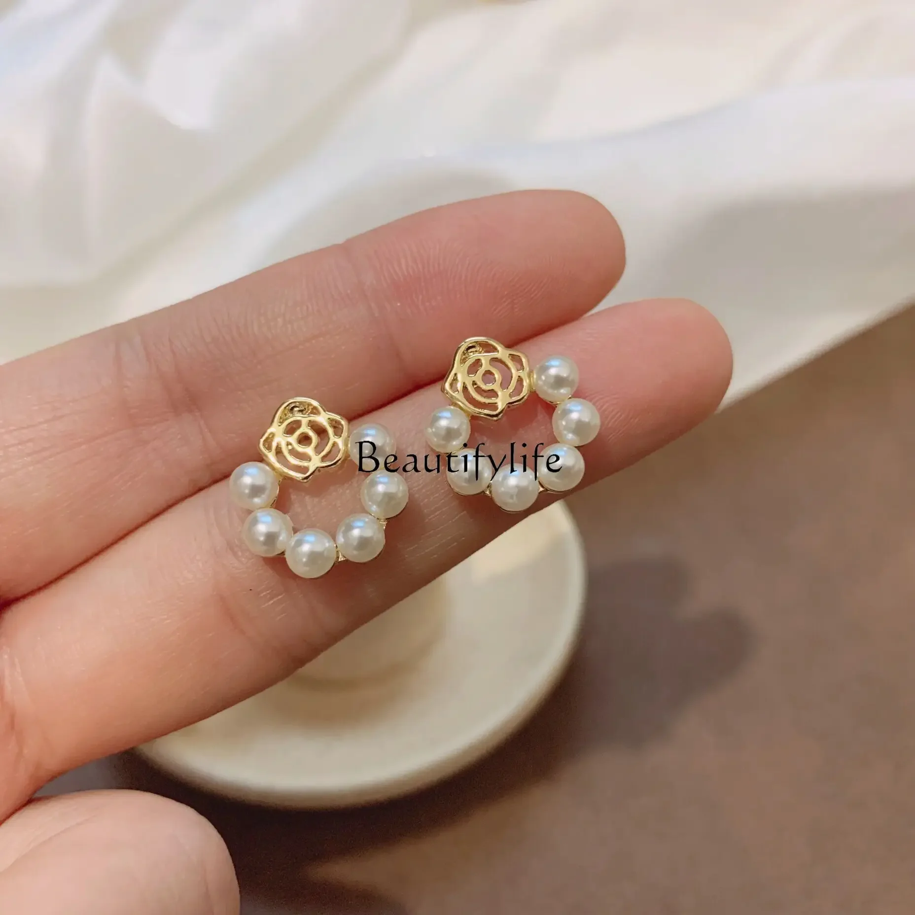 

925 silver pearl rose sweet simple high sense spring new trendy earrings women