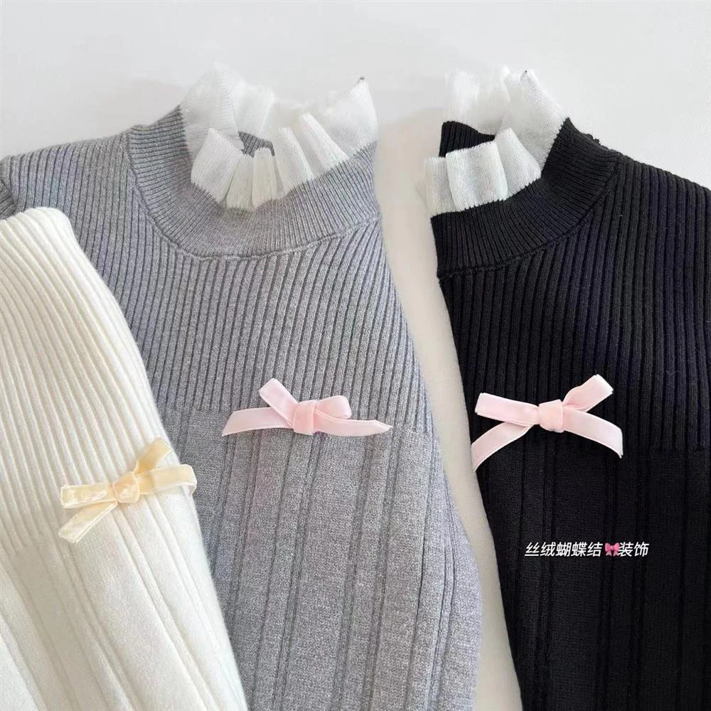 เสื้อสเวตเตอร์ถักแบบสวมหัวผูกโบว์แนวย้อนยุคสำหรับผู้หญิงเสื้อผ้าแฟชั่นสตรีทรงสลิมฟิต cewek seksi หวานสำหรับฤดูใบไม้ร่วง/ฤดูหนาว