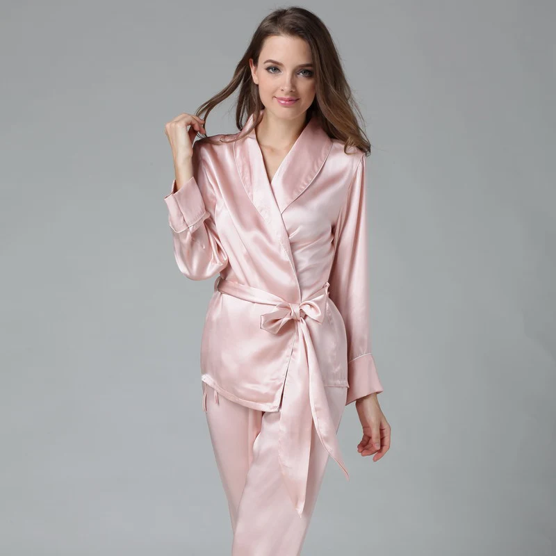 Women\'s 100% Pure Silk 16 momme satin silk Pajama Set With Belt Sleepwear Nightgown M L XL YM008
