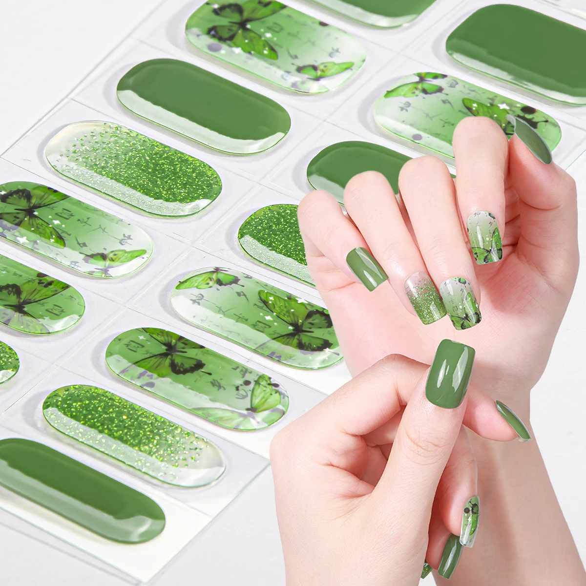 16 Tipsów Błyszczące Półutwardzone Żelowe Paski do Paznokci Świecące Motyle Trwałe Samoprzylepne Żelowe Naklejki na Paznokcie Pełne Pokrycie UV