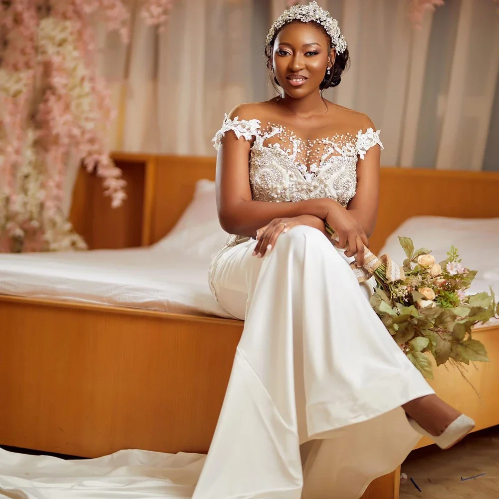 Customized  Cap Sleeves Shinny Beads Mermaid Bridal Dress Sweep Train Vestidos De Novia African  Country Wedding Gowns