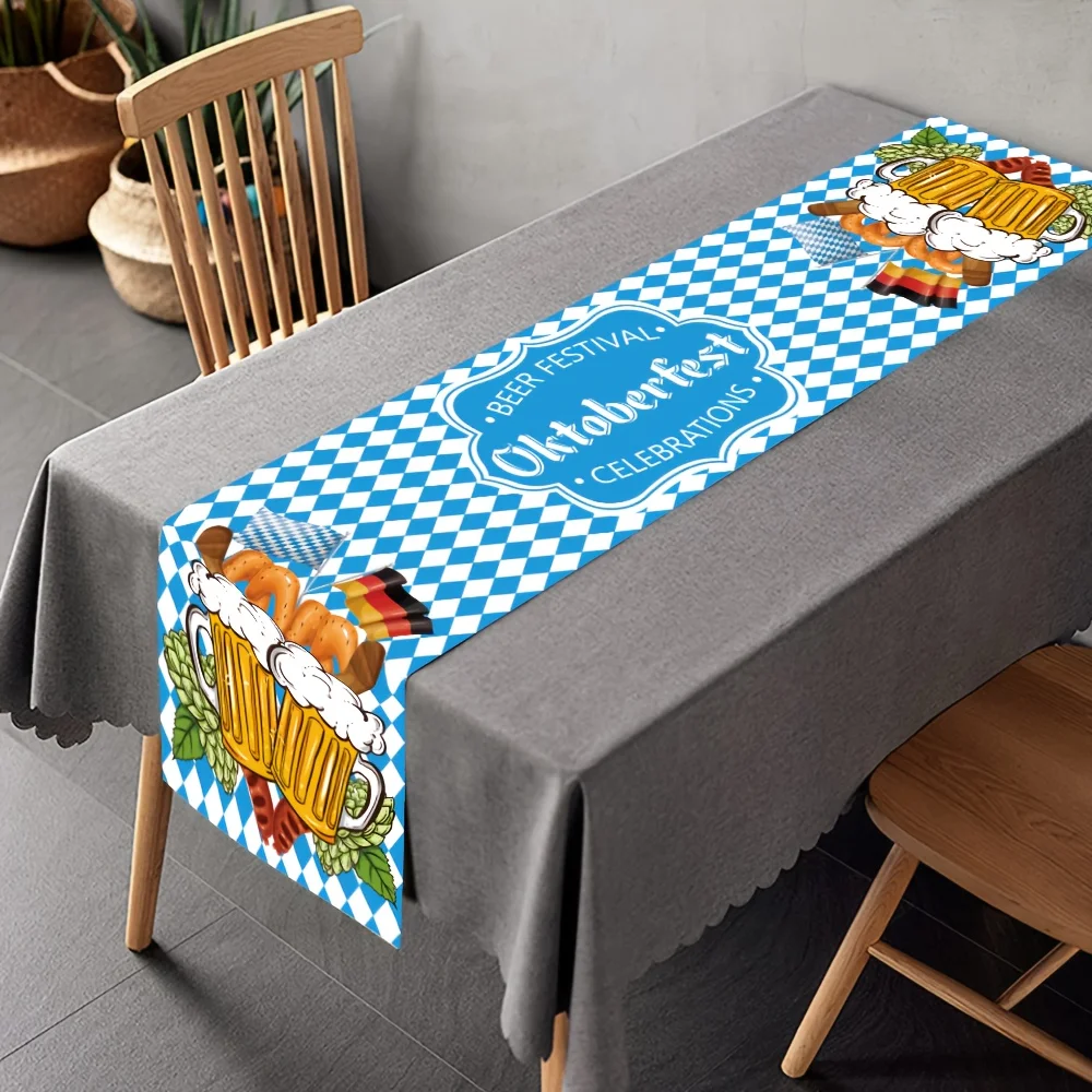 Oktoberfest Bavarian Pattern Print Table Runner - Blue White Checked Motif Decoration for Festive Dining Table Home Party