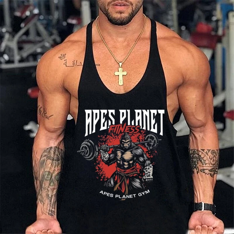 Grafisches Stringer-Tanktop „Apes Planet Fitness“ für Herren – ärmellos für 6-Farben-Optionen, Fitnessstudio, Workout und neue Unterhemd-Kleidung