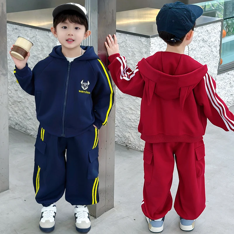 

Boys Cartoon Horned Hoodie Casual Sportswear Set New Spring Children Trendy Clothes Two-Piece Set Long Sve Long Pants