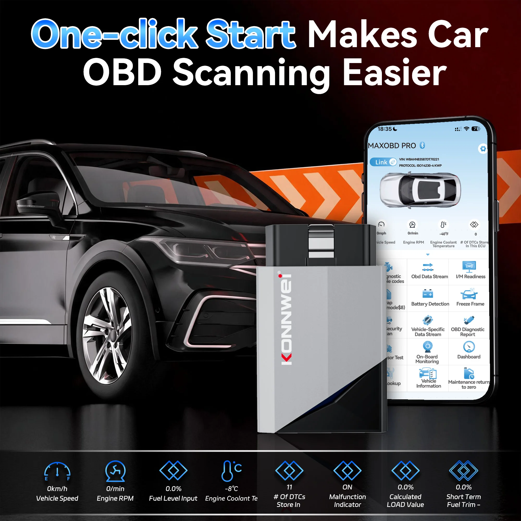 KONNWEi MAXOBD Pro OBD2 Car Diagnostic Tool Scanner All System Auto OBDII Scanner For 41 Car Brands Lifetime Free APP