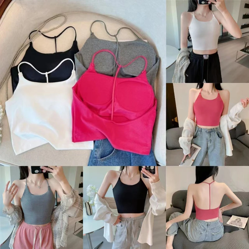 女性用ホルターバックレスタンクトップ、単色ノースリーブ、スリムキャミソール、セクシー、夏
