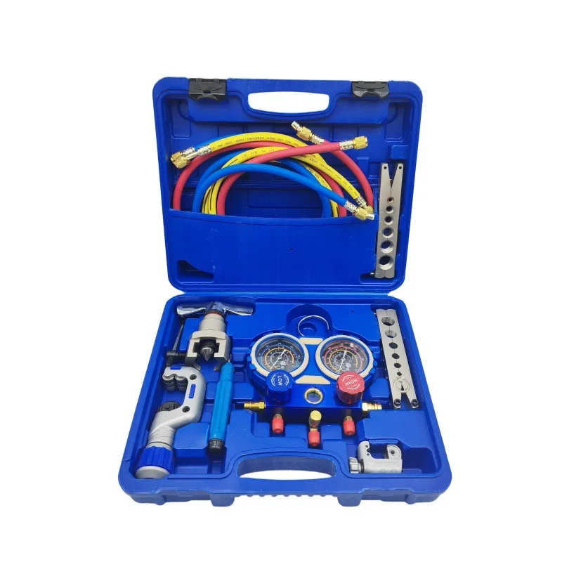 All Copper Dual Core Refrigerant Gauge Set with Cutter Flaring Tool Car Air Conditioning AC Freon Charging Hose Kit